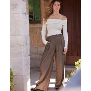 Aerie High Waisted Wear Everywhere Wide Leg Trousers Brown Pleated Relaxed Fit M